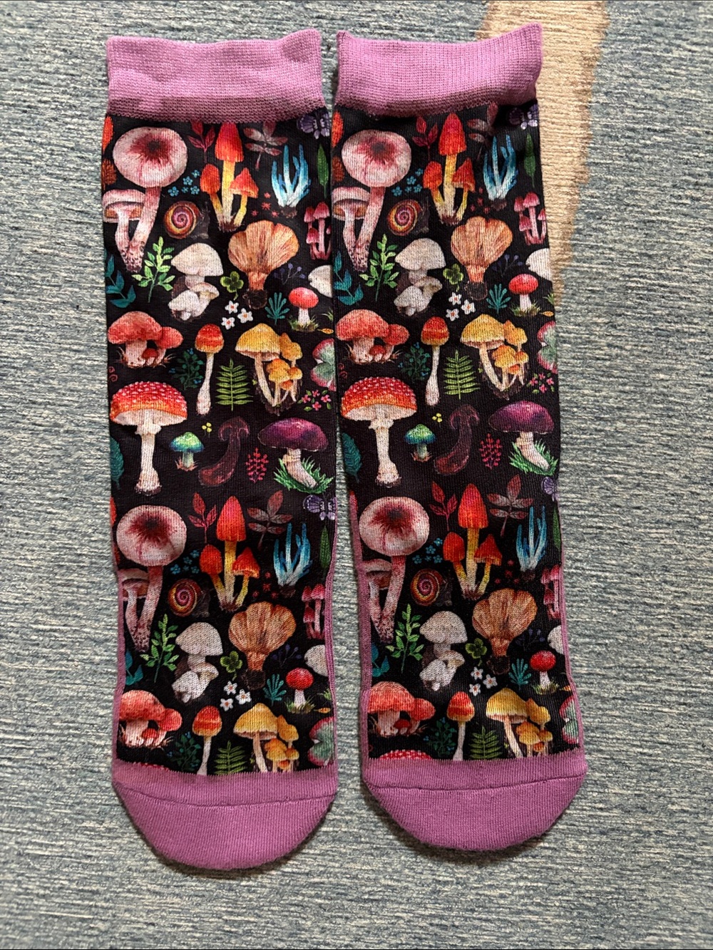 Whimsical Mushroom Print Crew Socks in Purple Accent